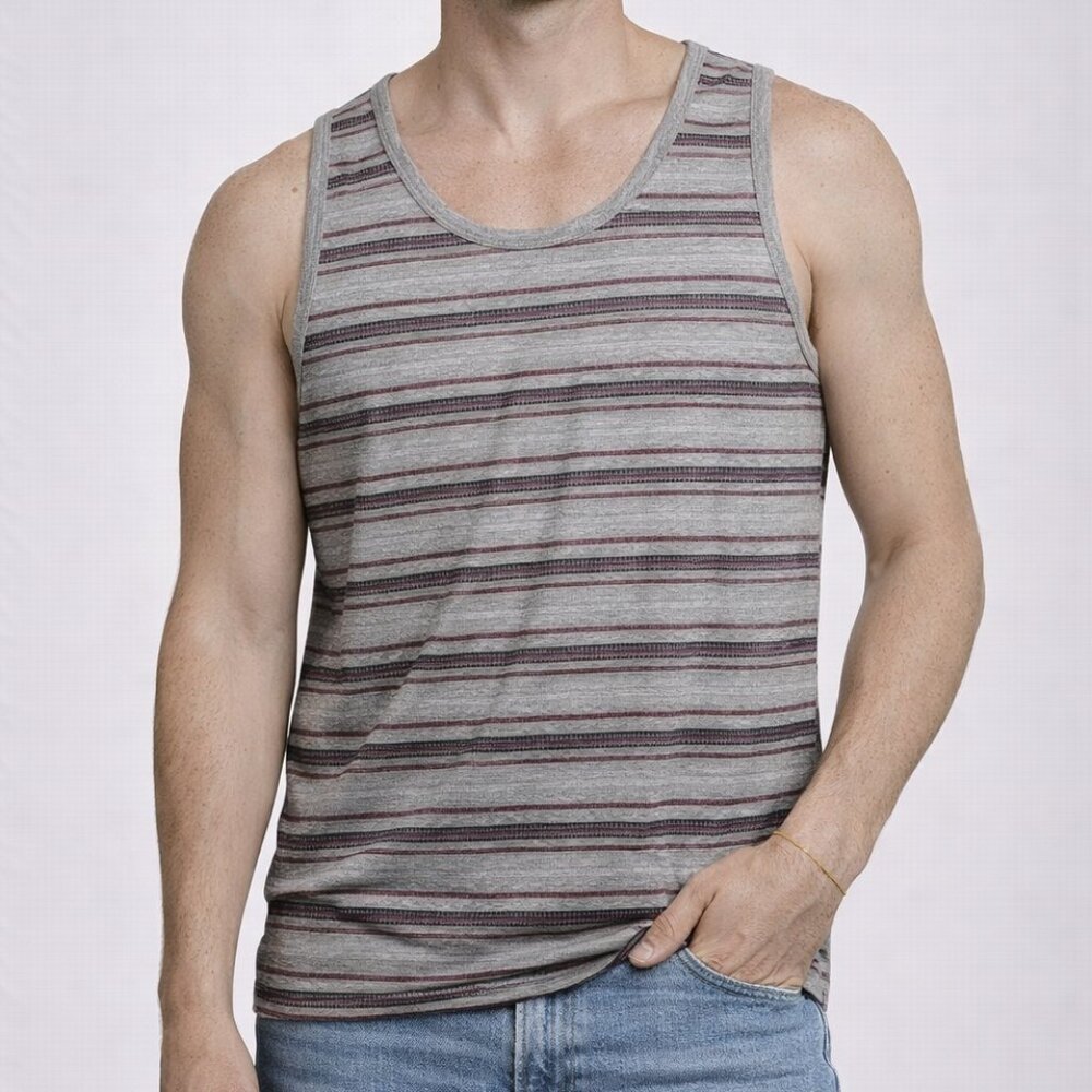✨ KAUN Striped Tank Top – Men’s XXL – Gray / Red / Black – Casual Summer Tee
